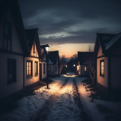 Snowy street at dusk with houses