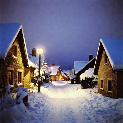 Village in snow during winter evening