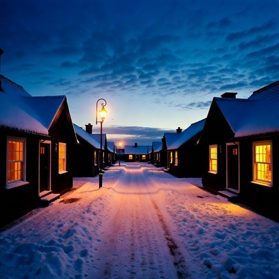 Snowy evening in quiet village