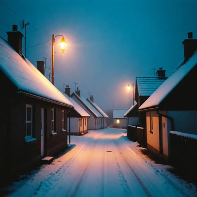 Winter evening in a snow-covered village