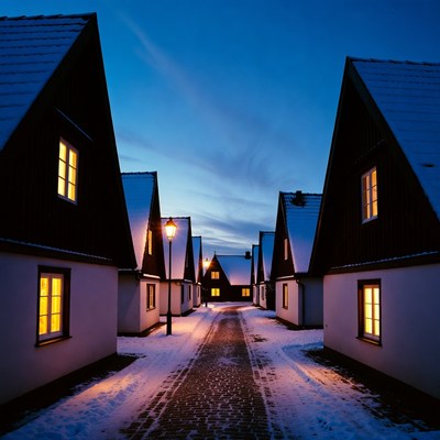 Snowy street with houses at dusk