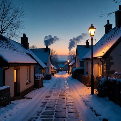 Snowy evening in quiet village street