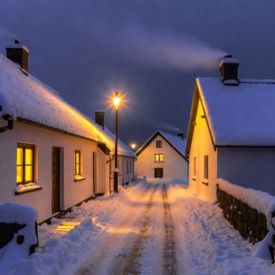Winter evening in a snowy village