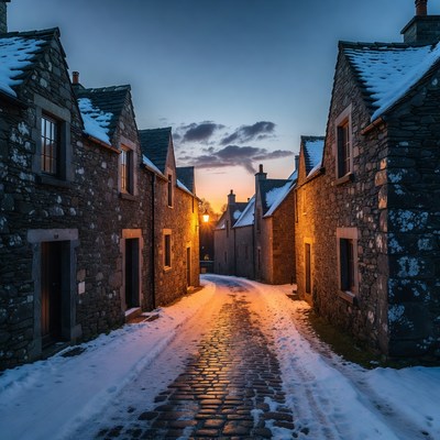 Snowy street in a village at sunset