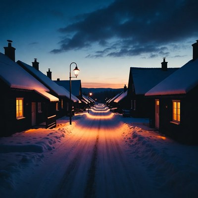 Snowy street at dusk in a village
