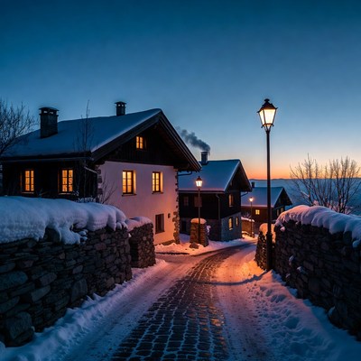 Snowy village at dusk in winter
