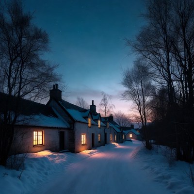 Winter evening in a snowy village