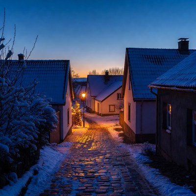 Snowy pathway in quiet village