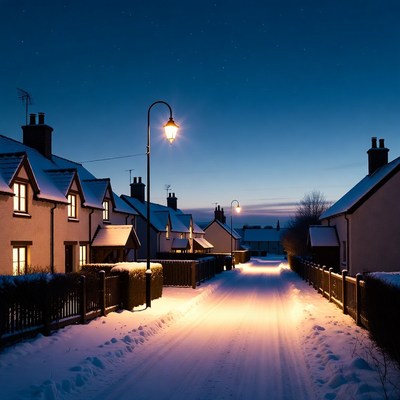 Snow-covered street at twilight in a village