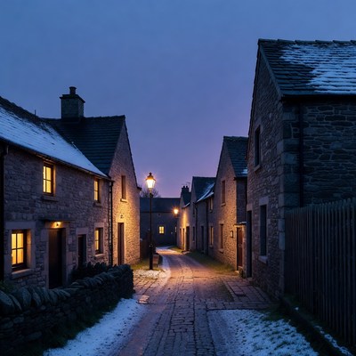 Snowy village street at night