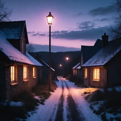 Snowy village path at dusk