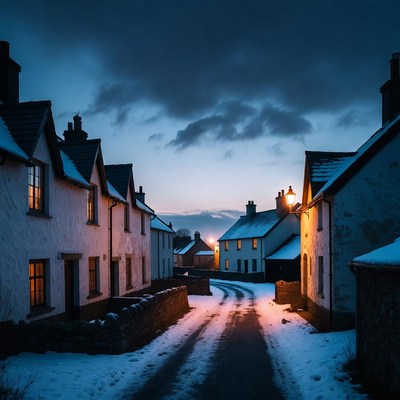 Village at dusk in winter season
