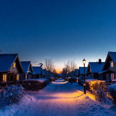 Snowy street with lamps at dusk