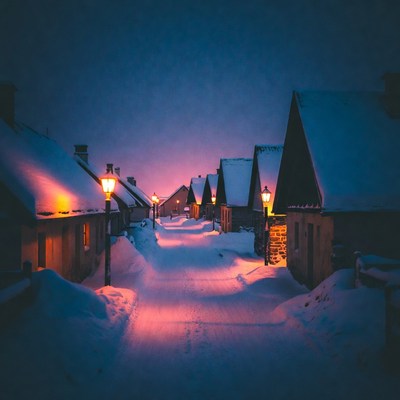 Snowy street in a quiet village during night