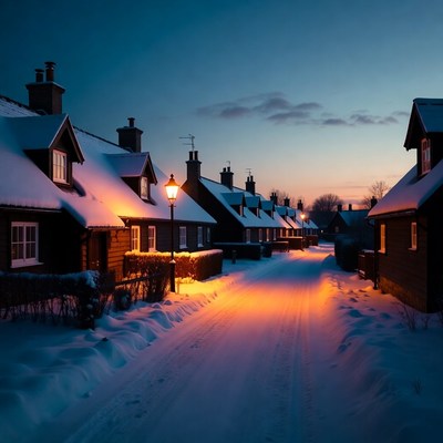 Snowy evening with street lights