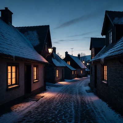 Snowy village street at dusk