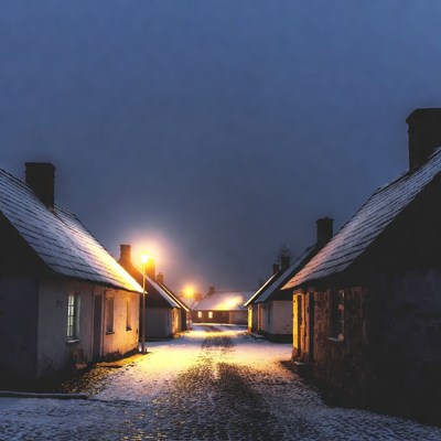 Snowy evening in a quiet village