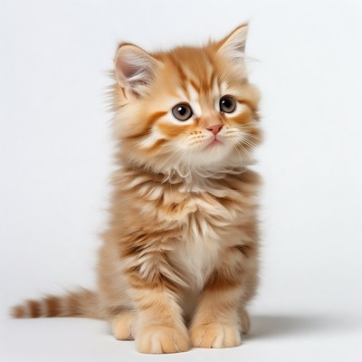 Cute fluffy orange kitten sits