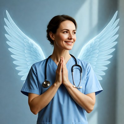 Nurse with angel wings in clinic