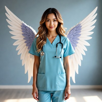 Nurse with wings in a studio