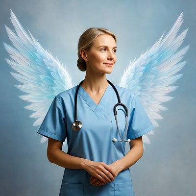 Nurse with angelic wings in studio