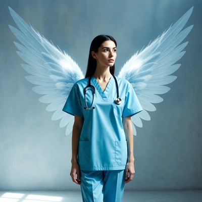 Health worker with angel wings in hospital setting