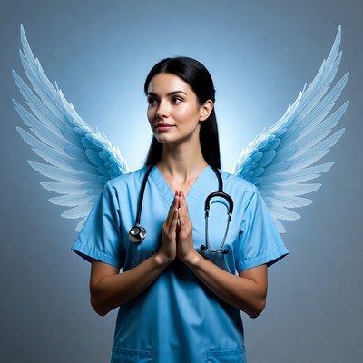 Nurse with wings standing in prayer