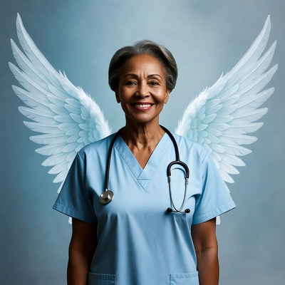 Healthcare worker with wings in studio