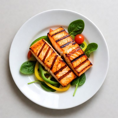 Grilled salmon with vegetables on plate