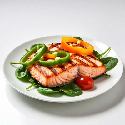 Grilled salmon on spinach plate