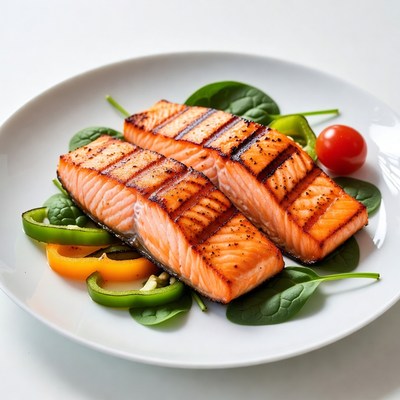 Grilled salmon with vegetables on plate