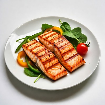 Grilled salmon with greens and vegetables