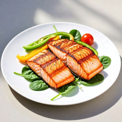 Grilled salmon with vegetables on plate