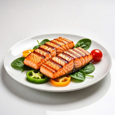 Grilled salmon with vegetables on plate