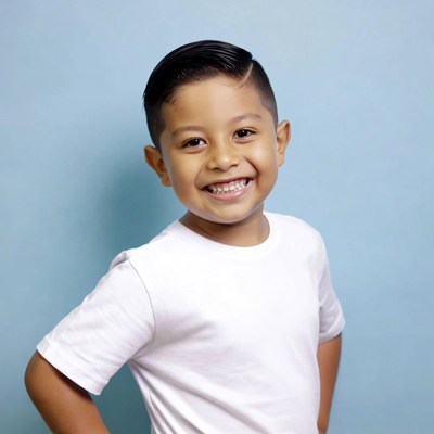 Boy smiling against blue background