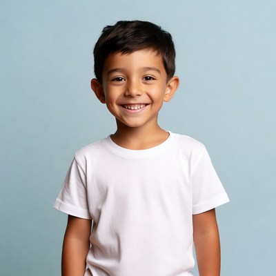 Boy smiling in front of blue background