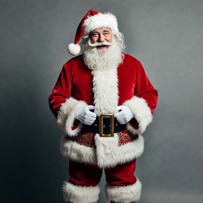 Santa claus stands in red suit