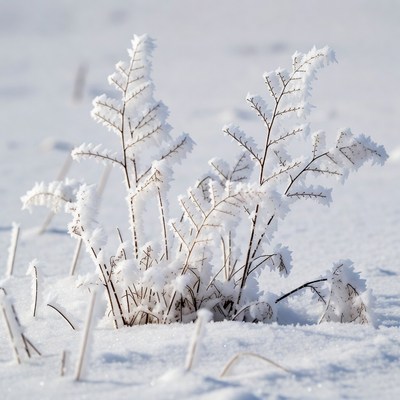 Frost covers plants in winter landscape