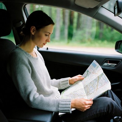 Woman reads map in car