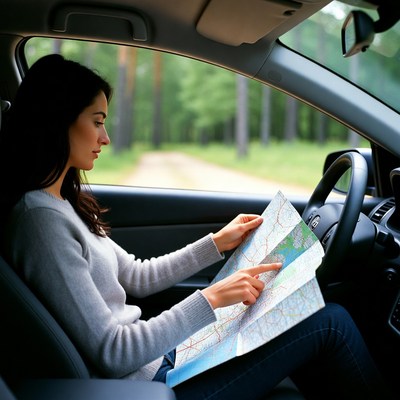 Woman reading map in car