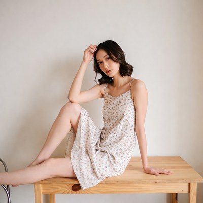 Model sitting on wooden table in dress