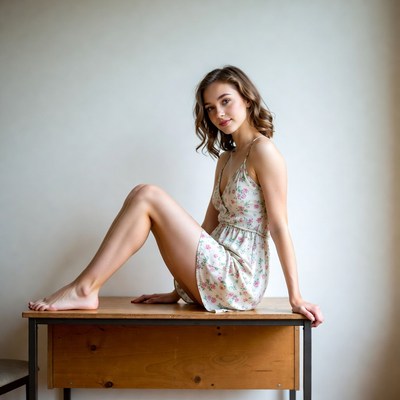 Young woman sitting on table
