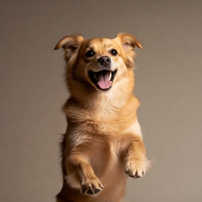 Happy dog jumping in studio