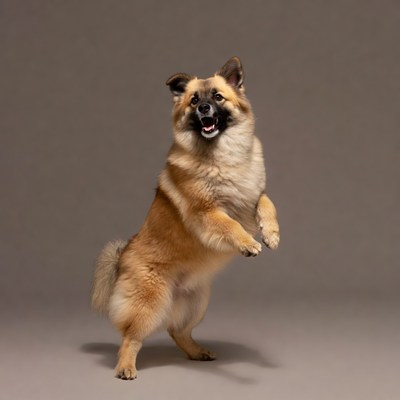 Dog standing on hind legs indoors