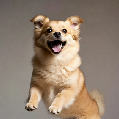 Dog jumping happily in studio