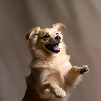 Happy dog jumps indoors during photo session