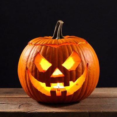 Pumpkin with carved face at night