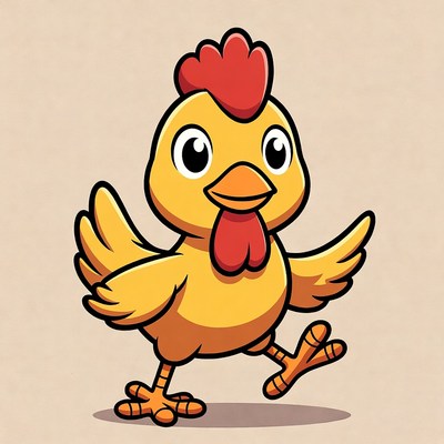 Cartoon chicken walking happily in style