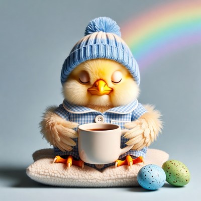 Chick holding cup with eggs nearby