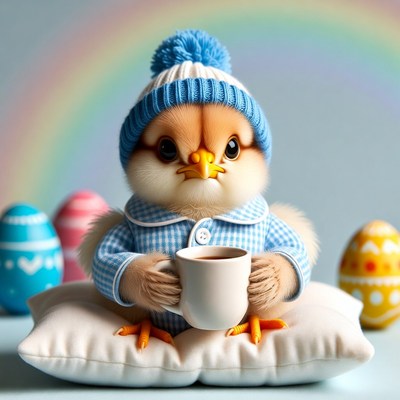 Chick in hat with coffee mug